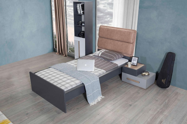 Grijze tienerkamer kledingkast boekenplank kinderkamer bed 5-delig