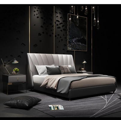 Luxe tweepersoons hotelbedden 180x200cm slaapkamer grijs lederen bed.