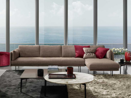 Bruine hoekbank L-vorm bank design gestoffeerd modern textiel woonkamer