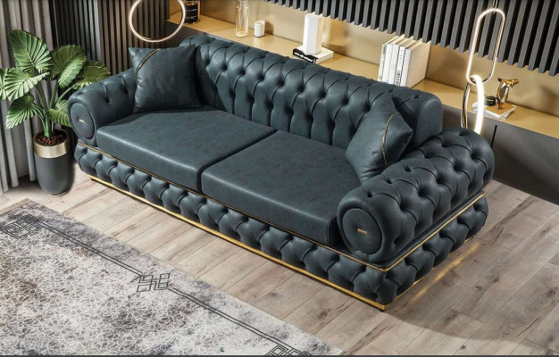 Bankstel 3-zits Chesterfield gestoffeerde banken Driezits lederen woonkamerblauwe meubels