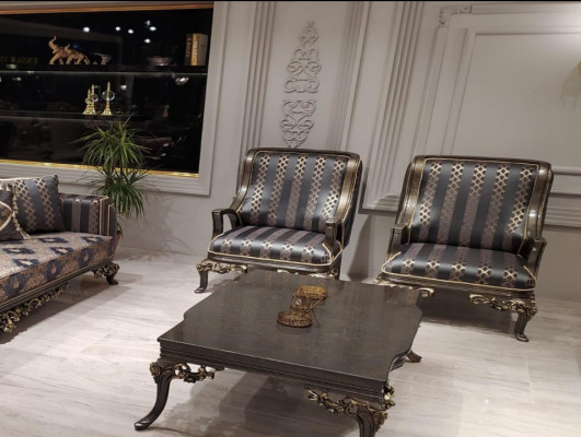 Ohrensessel Fauteuil Design Bekleding Bank Bankstel Textiel Barok Woonkamer Blauw