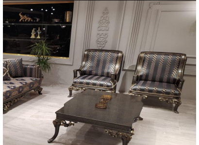 Ohrensessel Fauteuil Design Bekleding Bank Bankstel Textiel Barok Woonkamer Blauw