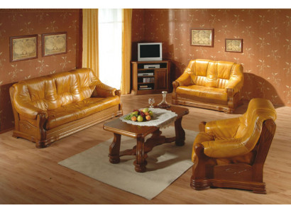 Bankstel Hout Leer 3+2+1 Compleet Set Klassiek Zitkussen Bankstel