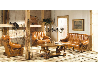 Klassieke driezitsbank, gestoffeerde bank 100% echt leer hout (zonder 2+1) Nieuw.