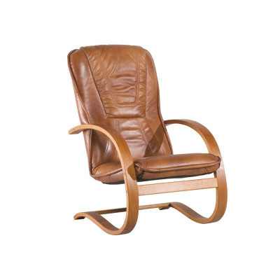 Stoel echt leer bruin, naturel hout modern nieuw bureaustoel zachte zitting donkere kleur.