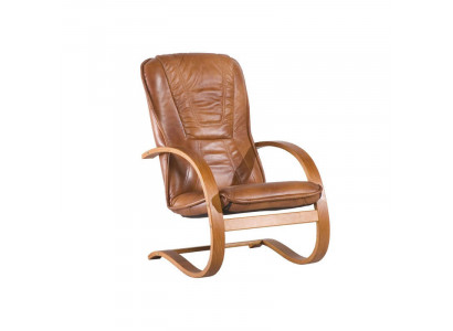 Stoel echt leer bruin, naturel hout modern nieuw bureaustoel zachte zitting donkere kleur.