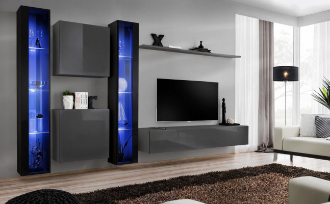 Woonkamermeubels 2x wandkast Grijs Modern dressoir Inrichting Hangende vitrine  Woonkamer meubels 2x wandkast Grijs Modern dressoir Inrichting Hangende vitrine