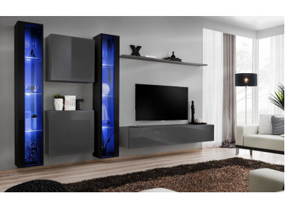 Woonkamermeubels 2x wandkast Grijs Modern dressoir Inrichting Hangende vitrine  Woonkamer meubels 2x wandkast Grijs Modern dressoir Inrichting Hangende vitrine