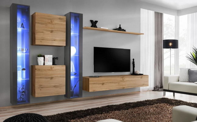 Complete bruin woonkamer set, hangende vitrinekast, wandkast, moderne designinrichting.