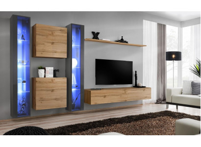 Complete bruin woonkamer set, hangende vitrinekast, wandkast, moderne designinrichting.