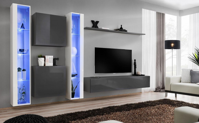 Woonkamer inrichting Grijs Wandkast Hangende vitrine Luxe inrichting Modern
