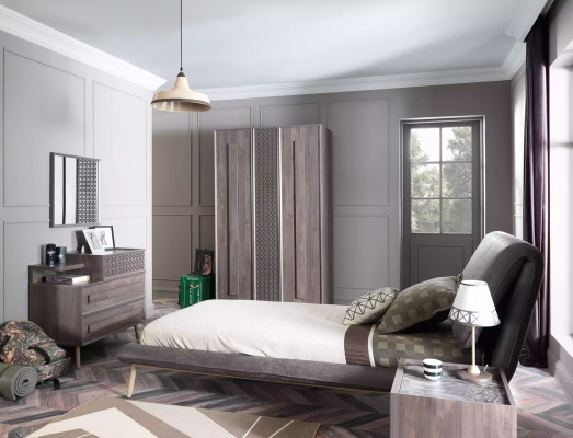 Set 5-delig houten grijs nieuw met bedframe, tienerbed en beddengoed