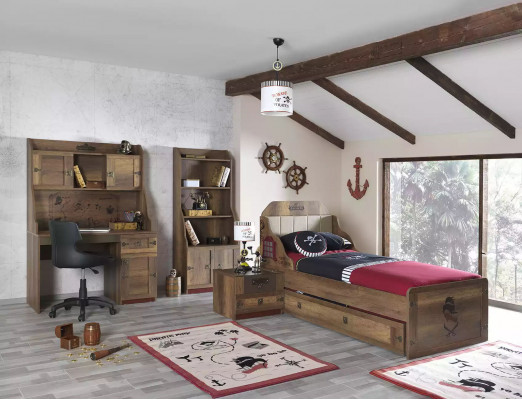 Kinderkamerset Piraten Bedframe Eenpersoonsbed Hout Bruin 5-delige set