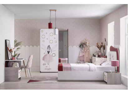 Volledige kindermeubels - kinderbed met opberglade, houten roze set 6-delig