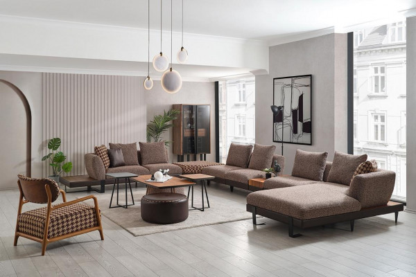 Luxe woonkamerset gestoffeerde U-vormige hoekbank 2x poef salontafel
