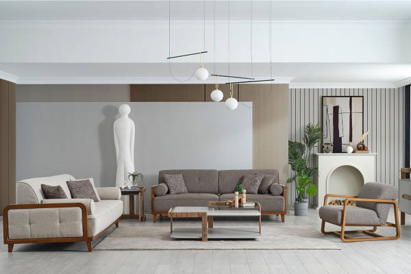 Woonkamer gestoffeerde bankstel design fauteuil bijzettafel meubels