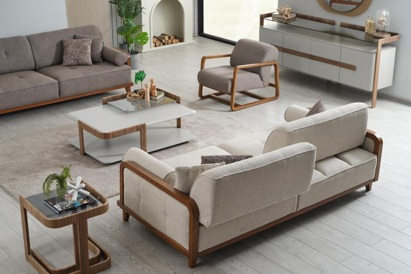 Woonkamer gestoffeerde bankstel design fauteuil bijzettafel meubels