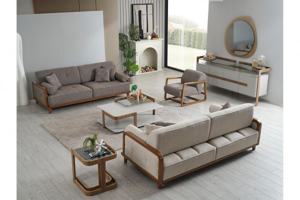 Woonkamer gestoffeerde bankstel design fauteuil bijzettafel meubels