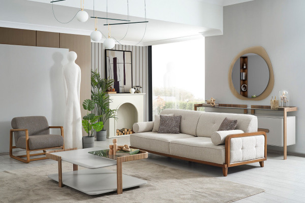 Woonkamer gestoffeerde bankstel design fauteuil bijzettafel meubels