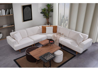 Witte woonkamer 6-delige set, ontwerper bekleding hoekbank 2x voetenbank salontafel