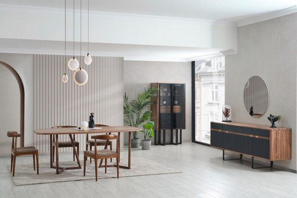 Bruine Luxe Eetkamer Set Houten Tafel 4 Stoelen Dressoir