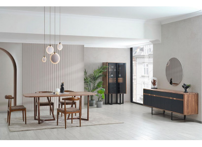 Bruine Luxe Eetkamer Set Houten Tafel 4 Stoelen Dressoir