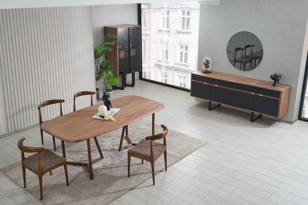 Bruine Luxe Eetkamer Set Houten Tafel 4 Stoelen Dressoir