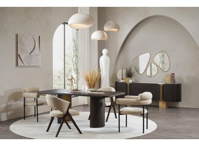 Zwarte-beige eetkamerset Rechthoekige eettafel 4x stoelen Spiegel