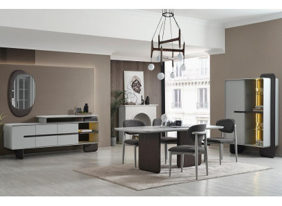 Grijs-wit eetkamer meubilair Eettafel 4x luxe stoelen Designer vitrine