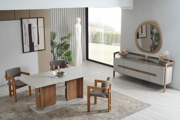 Bruin-witte eetkamerset Eettafel 4x stoelen Dressoir Designer eetgroep