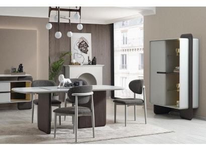 Grijswitte eetkamerset Luxueuze eettafel 4x stoelen Vitrine 6-delig