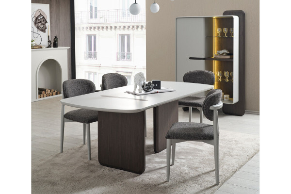 Grijswitte eetkamerset Luxueuze eettafel 4x stoelen Vitrine 6-delig