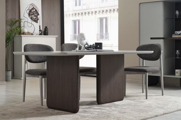 Grijswitte eetkamerset Luxueuze eettafel 4x stoelen Vitrine 6-delig