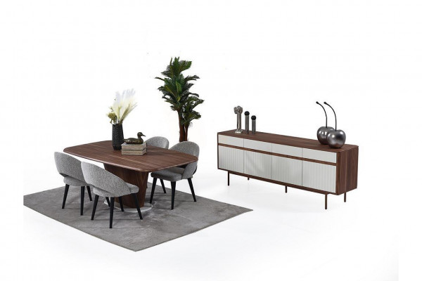 Stijlvolle eetkamer meubels Bruine eettafel 4x gestoffeerde stoelen Commode set