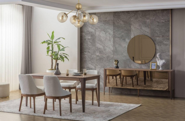 Luxe eetkamerset Rechthoekige eettafel 6x stoffen stoelen 9-delig