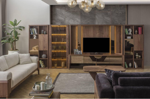 Moderne bruine woonkamer wandkast houten wand Mux LED-planken woonwanden