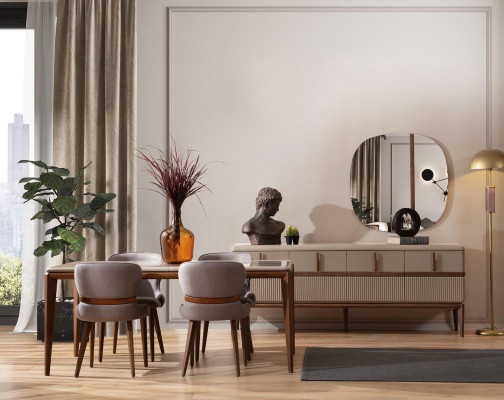 Moderne eetkamer set Ontwerper eettafel 4x gestoffeerde stoelen Luxe dressoir