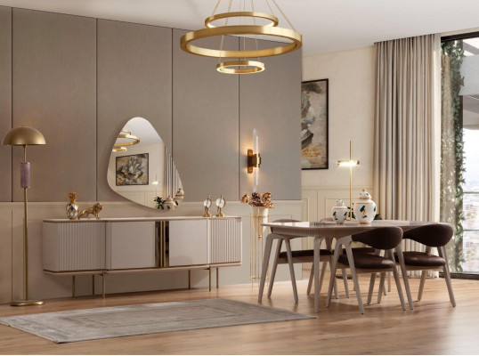 Houten meubelontwerp eetkamerset Beige eettafel 4X stoel Dressoir