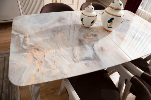 Houten meubelontwerp eetkamerset Beige eettafel 4X stoel Dressoir