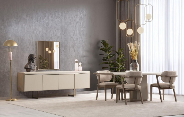Beige eetkamerset, ontwerpeettafel, gestoffeerde stoelen, luxe dressoir