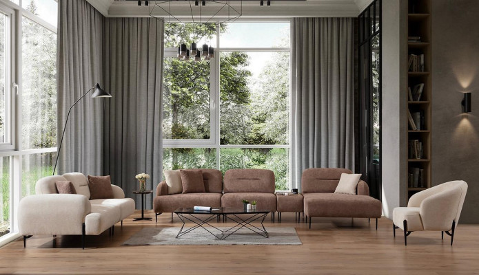 Moderne bruin-witte bankstel, 3-zits stoffen fauteuil L-vormige hoekbank