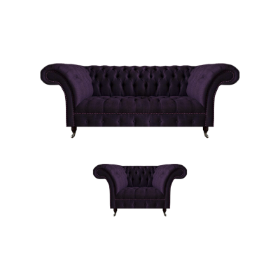 Luxueuze designer paarse bankstel inrichting driezitsbank nieuw fauteuil Chesterfield.