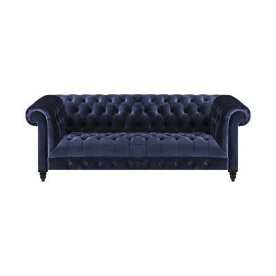 Woonkamer bankstel driezitsbank gestoffeerde meubelen blauw textiel Chesterfield