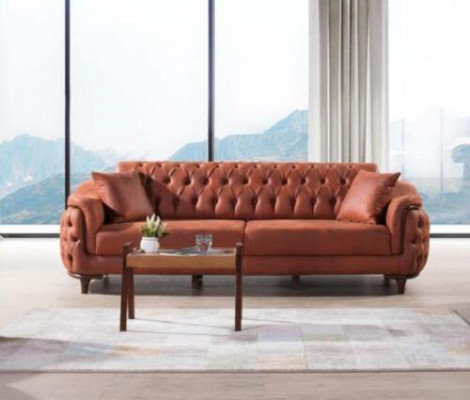 Oranje Chesterfield bank Driezitsbank Meubels Fluweel Hout Zitkussen
