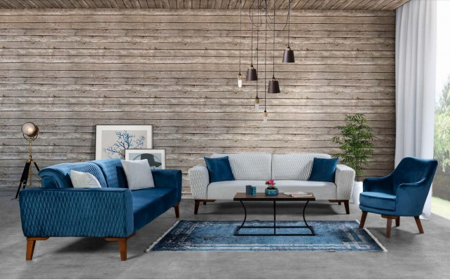 Blau bankstel driezitter bank elegant zitmeubilair woonkamer fluweel