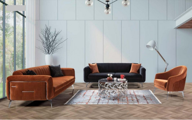 Oranje Design Bank Bank Fluweel Driezits Luxe Meubel Stof Textiel