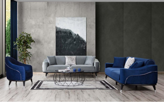 Blauw design bankstel driezits luxe bank fluweel meubelstof textiel