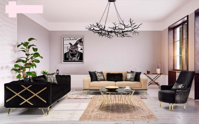 Sofa set zwart bankstel 3+3+1 zits fauteuil Elegante metaal fluweel