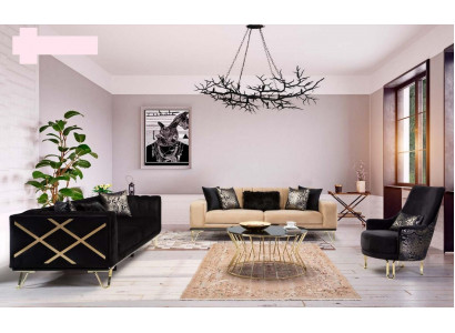 Sofa set zwart bankstel 3+3+1 zits fauteuil Elegante metaal fluweel