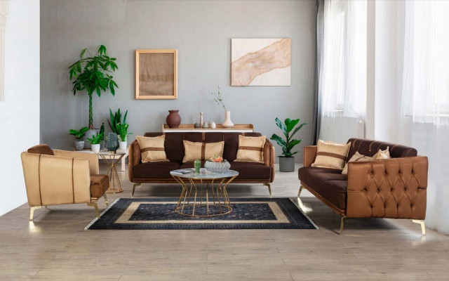 Moderne fauteuil met één zitplaats, bruine leunstoel, gestoffeerd met textiel.